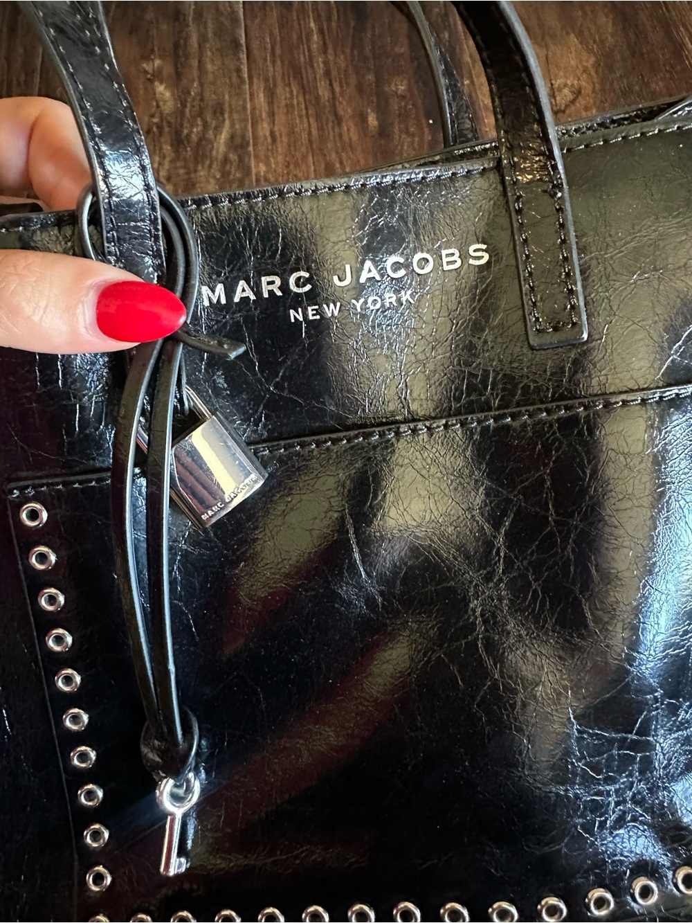 Marc Jacobs Black Patent Leather Tote with Silver Eyelet Trim - Picture 2 of 9